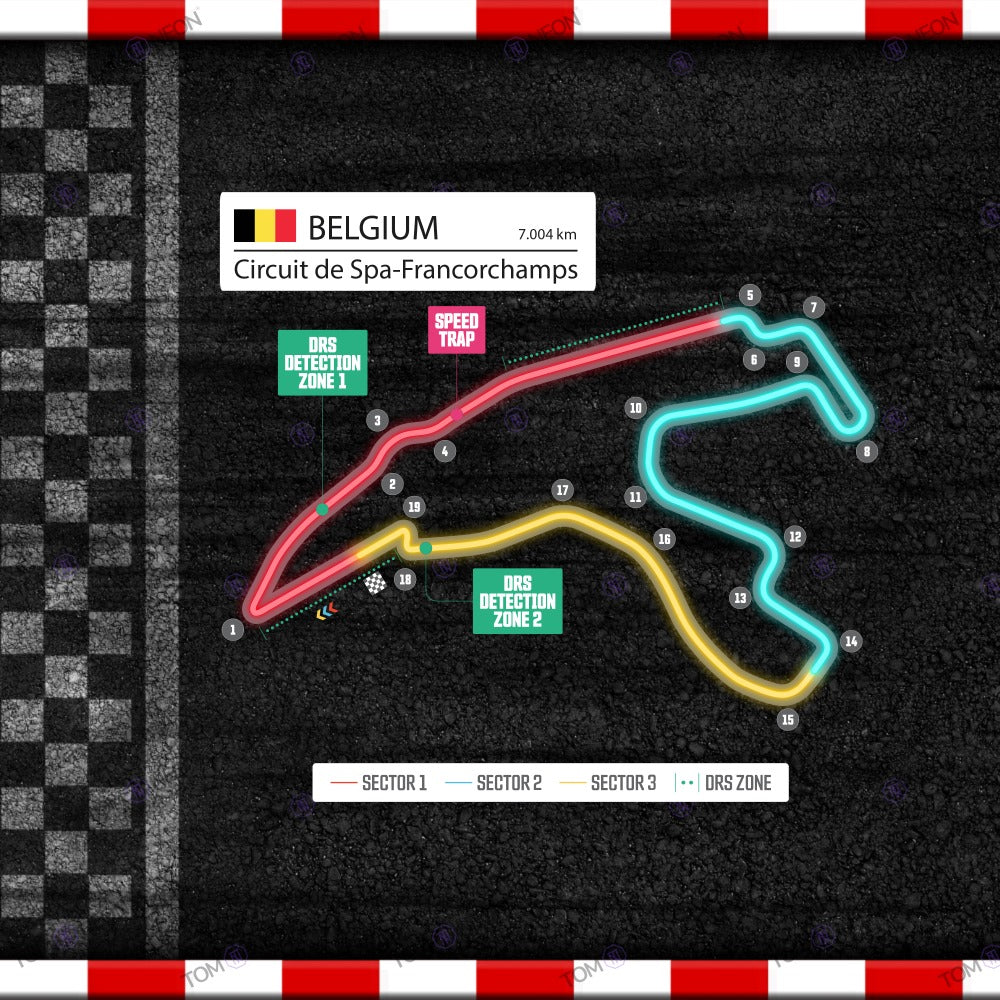 F1 Belgien - Circuit de Spa-Francorchamps Formel 1 Rennstrecke (Neon inkl. UV-Druck)