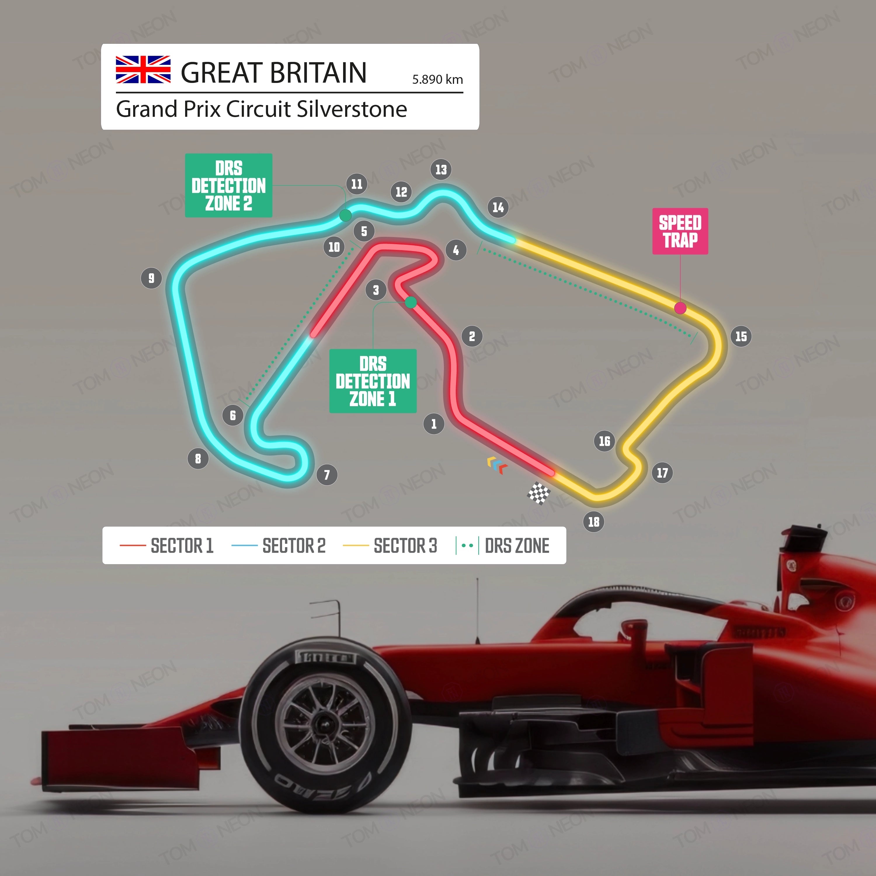 F1 England - Grand Prix Circuit Silverstone Formel 1 Rennstrecke (Neon inkl. UV-Druck)