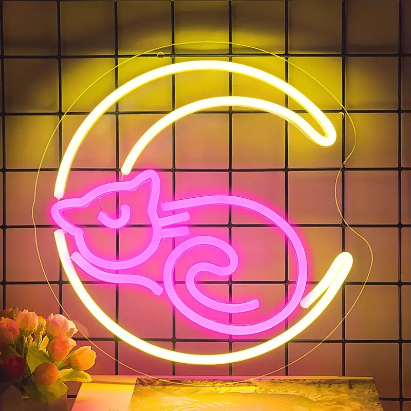 Katze auf dem Mond LED Neon Sign – USB Neonschild Sign – Perfekte Geschenkidee