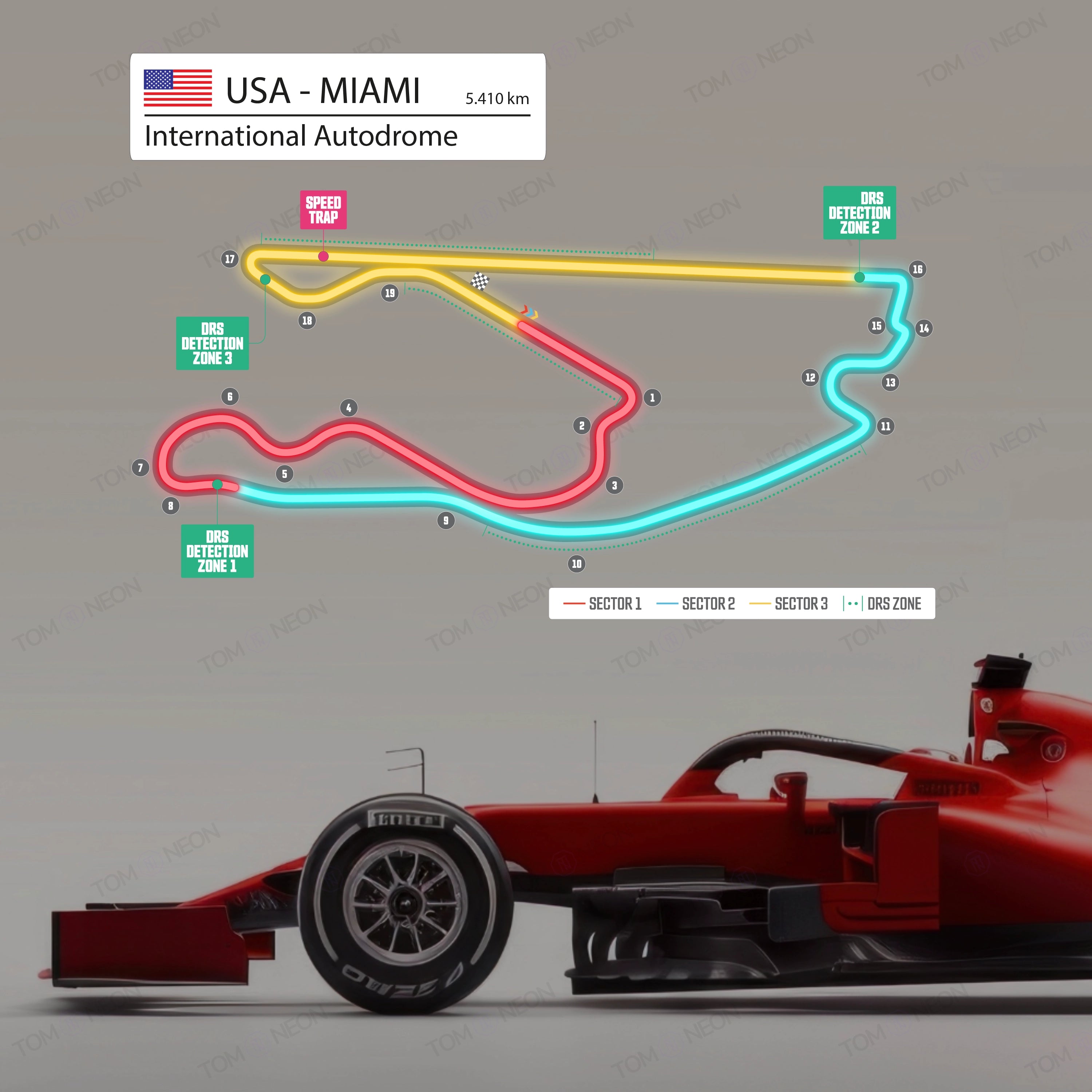 F1 USA - Miami International Autodrome Formel 1 Rennstrecke (Neon inkl. UV-Druck)