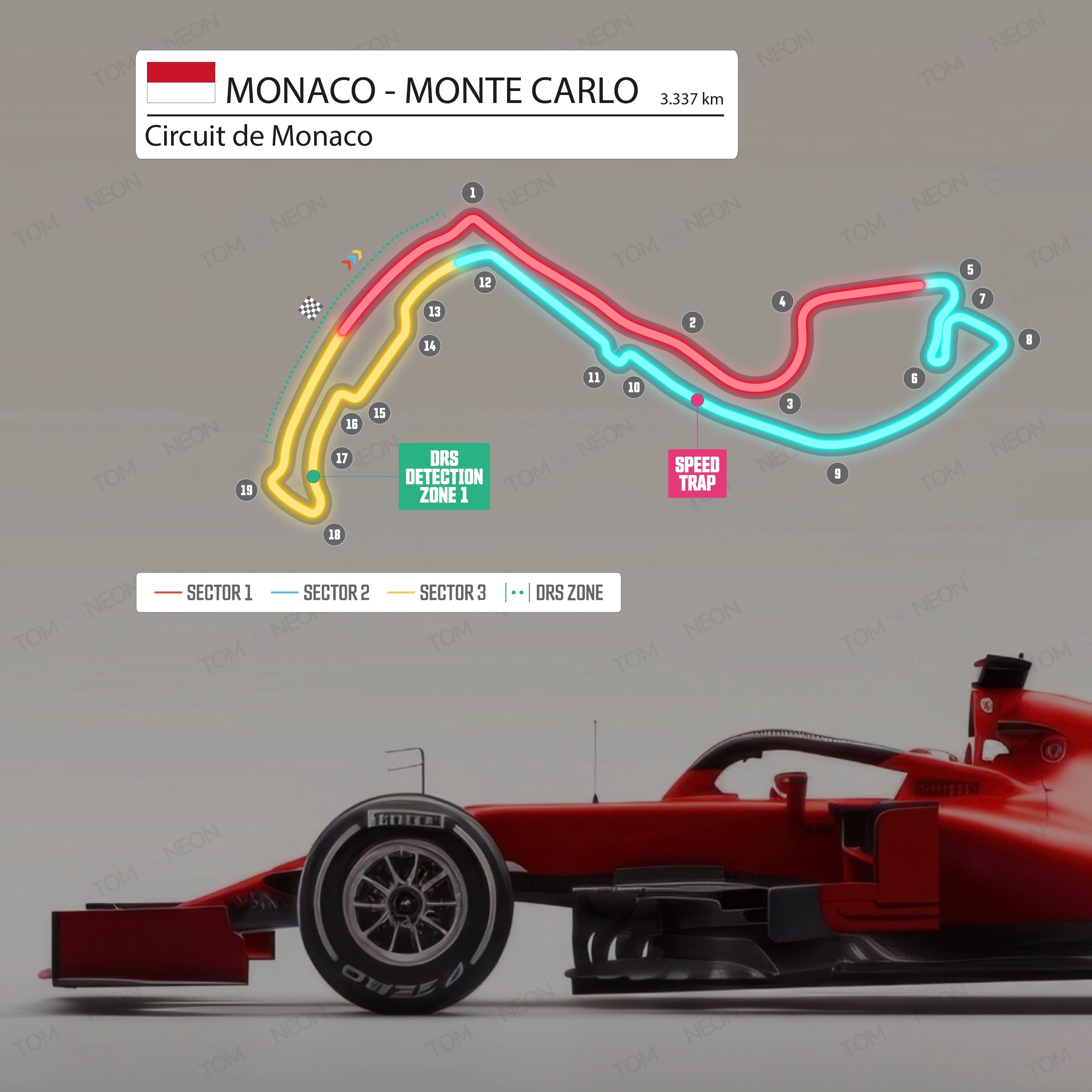 F1 Monaco - Monte Carlo - Circuit de Monaco Formel 1 Rennstrecke (Neon inkl. UV-Druck)