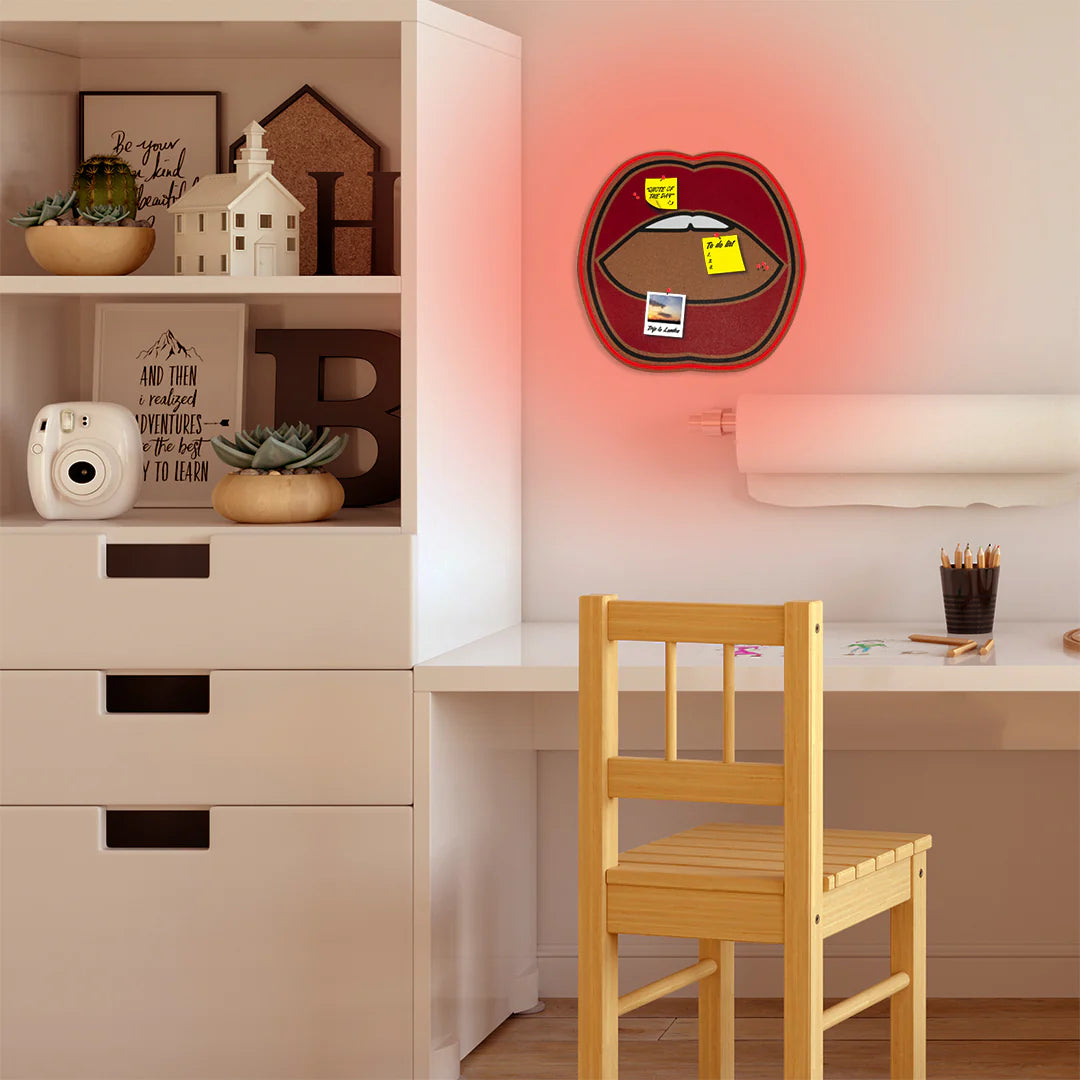 "Mund" LED Neon Schild - Leuchtende Pinnwand mit rotem Neon-Mund und Korkhintergrund