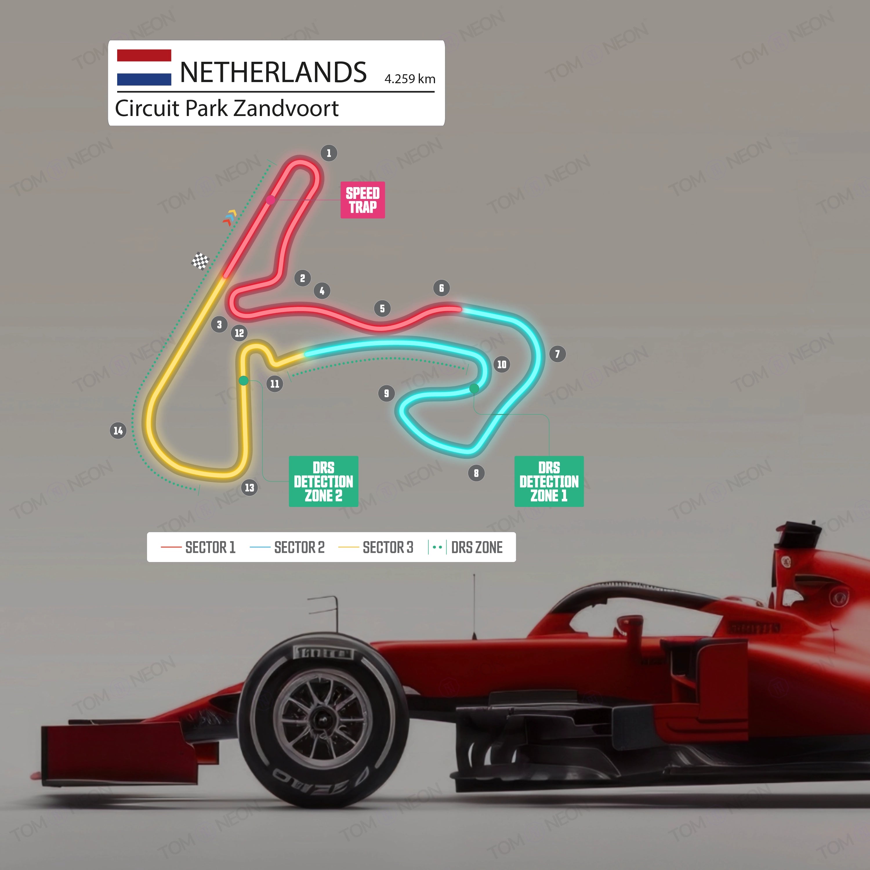 F1 Niederlande - Circuit Park Zandvoort Formel 1 Rennstrecke (Neon inkl. UV-Druck)