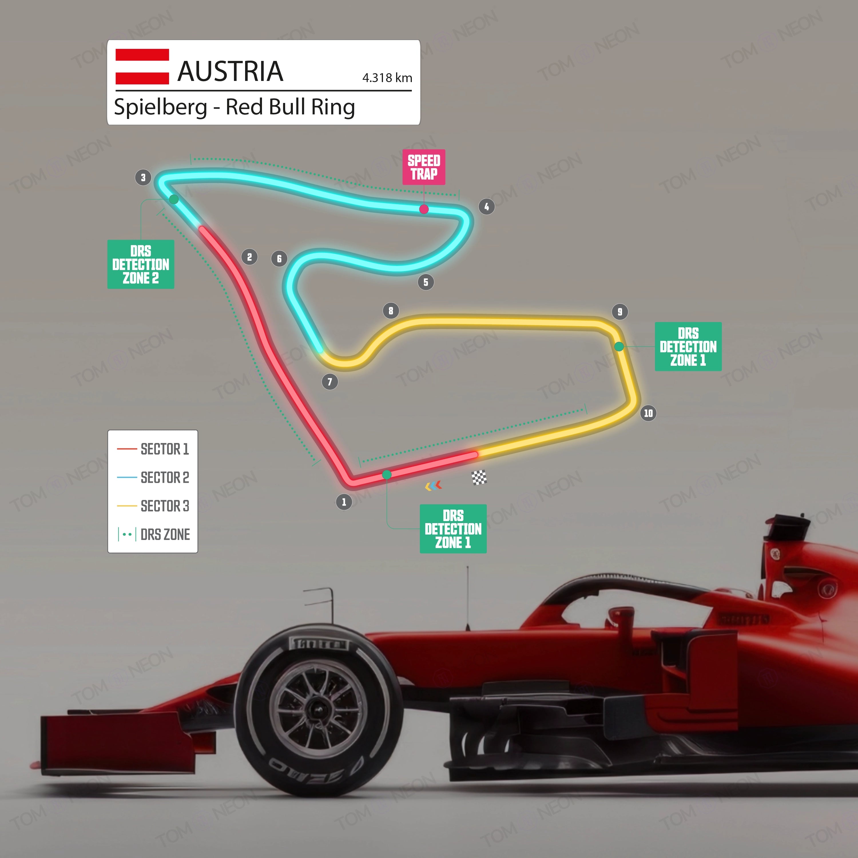 F1 Österreich - Spielberg - Red Bull Ring Formel 1 Rennstrecke (Neon inkl. UV-Druck)