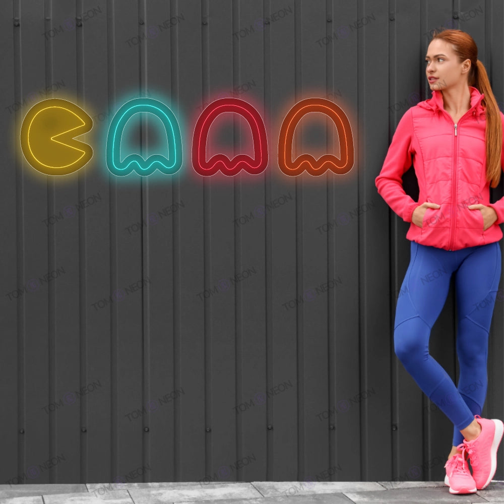 Pac-Man & Geister Neon Schild - Retro Arcade in Neonfarben