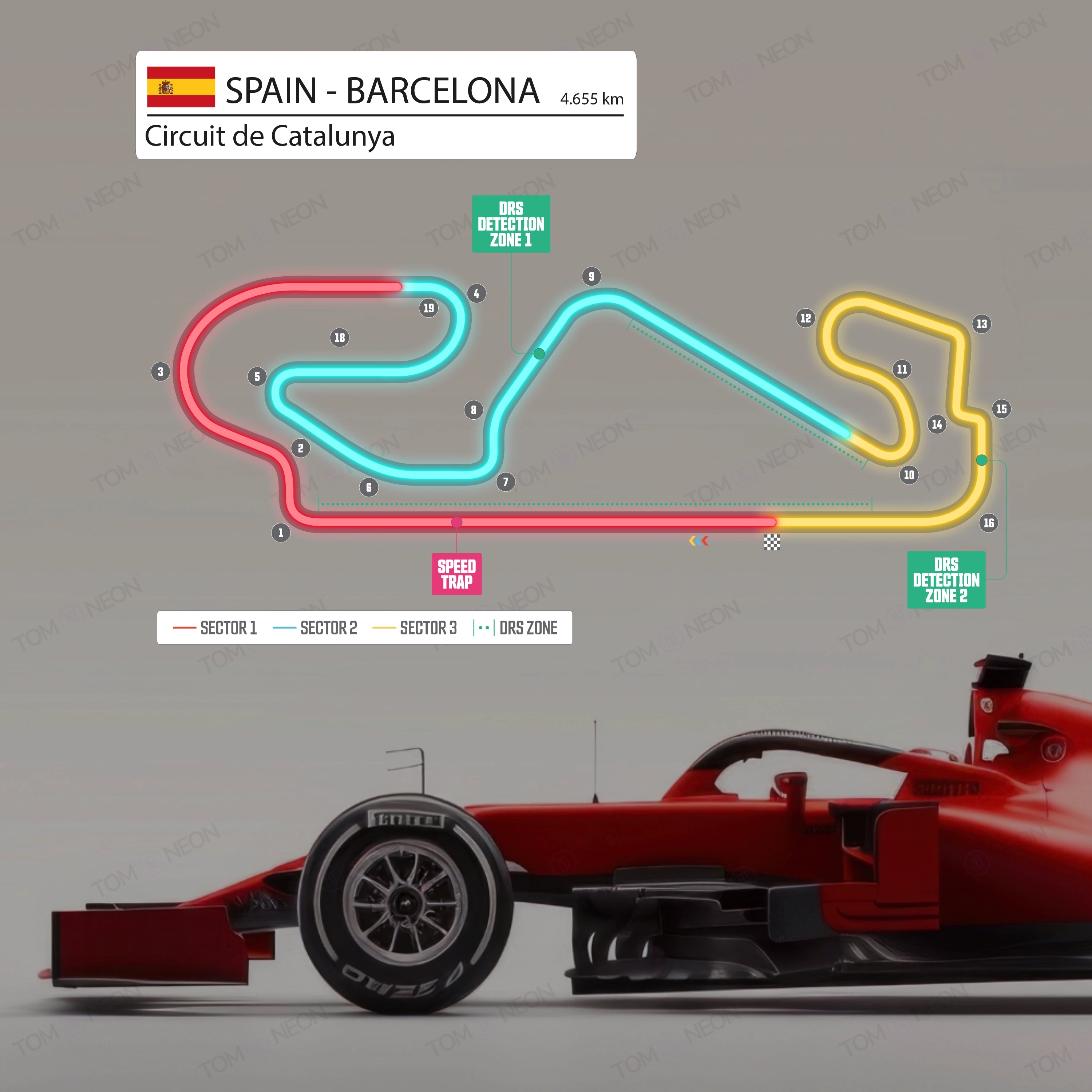 F1 Spanien - Barcelona - Circuit de Catalunya Formel 1 Rennstrecke (Neon inkl. UV-Druck)
