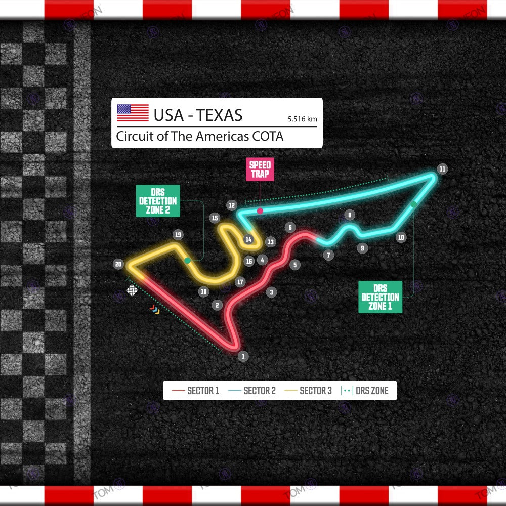 F1 USA - Texas - Circuit of The Americas COTA Formel 1 Rennstrecke (Neon inkl. UV-Druck)