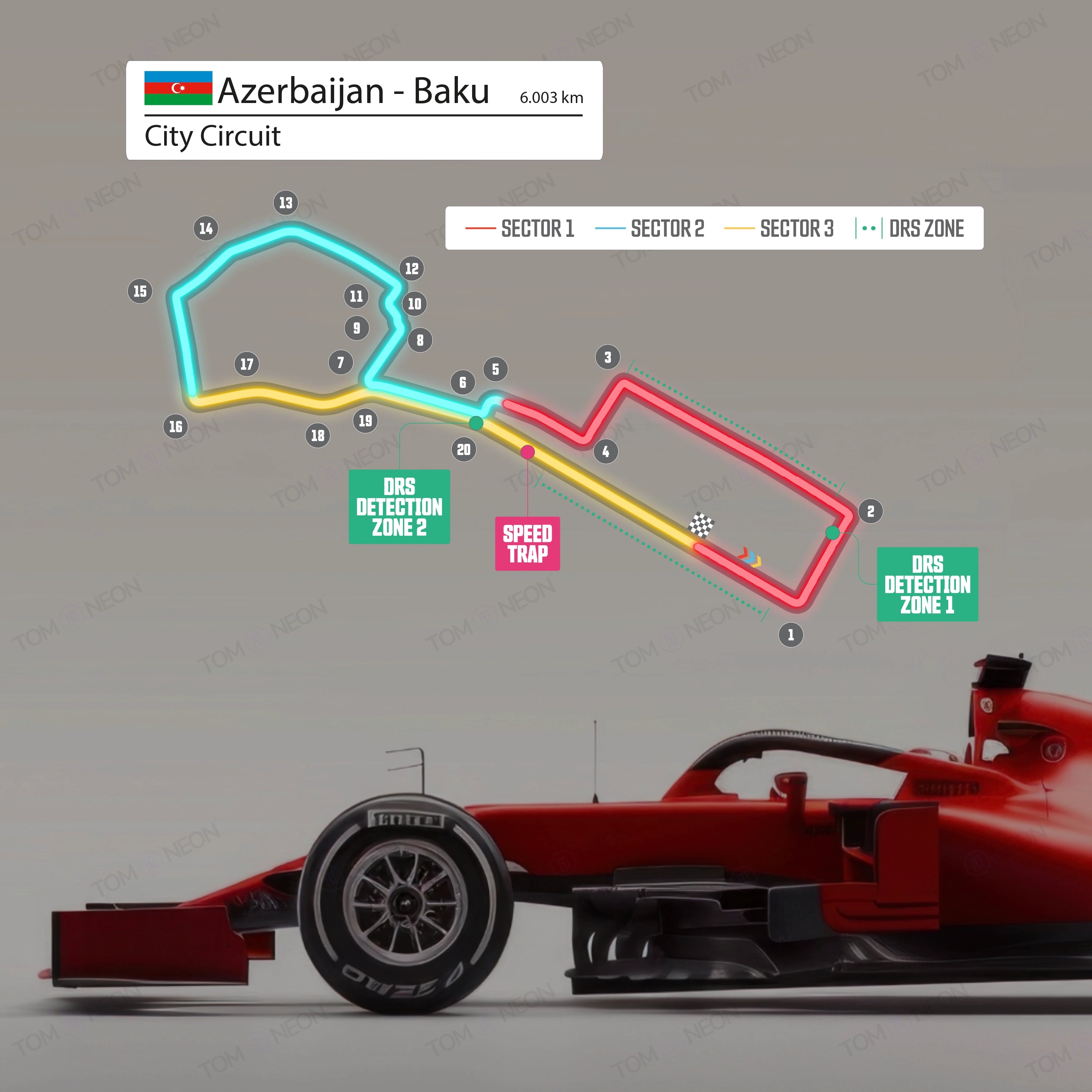 F1 Azerbaijan - Baku City Circuit Formula 1 Race route (neon incl. UV print)