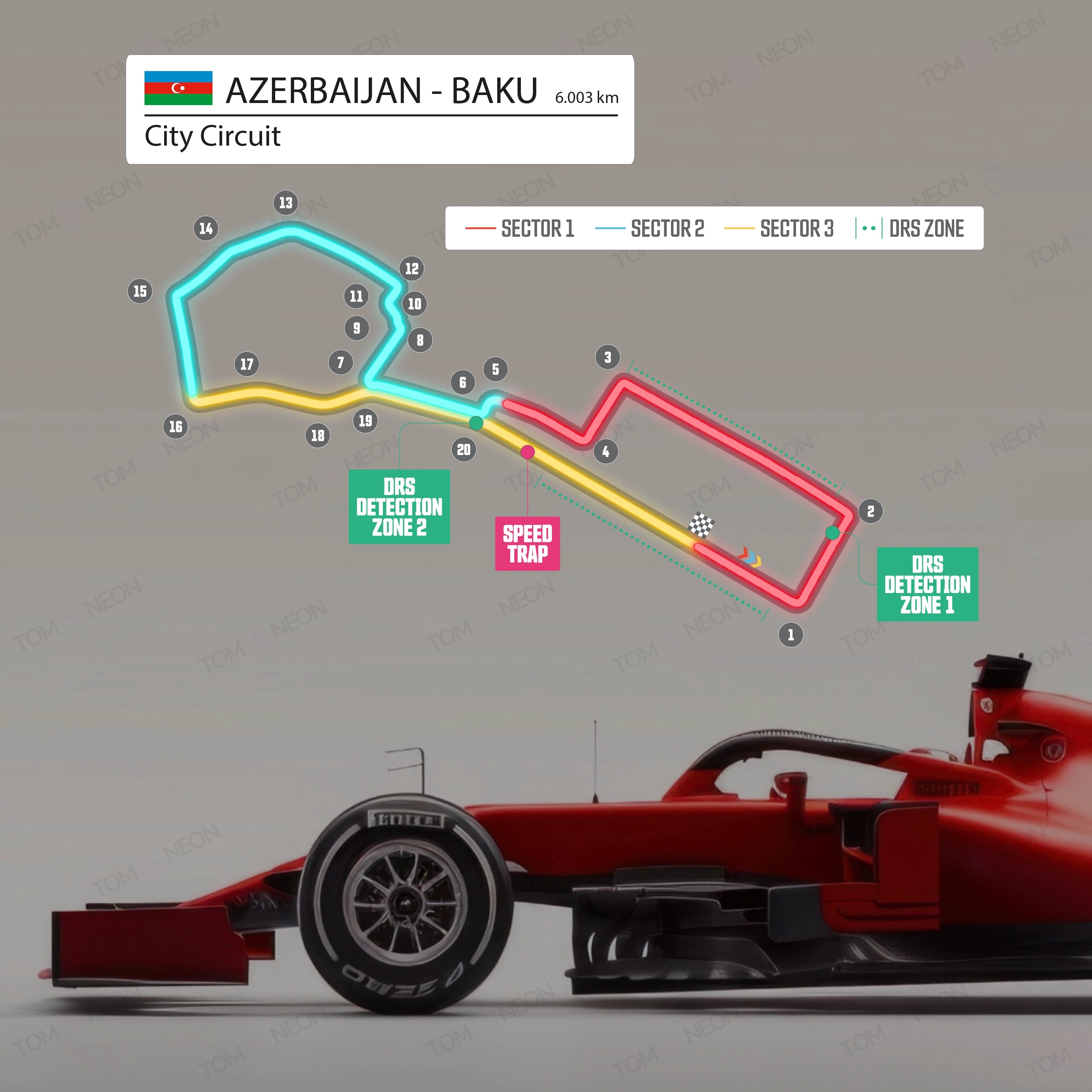 F1 Aserbaidschan - Baku City Circuit Formel 1 Rennstrecke (Neon inkl. UV-Druck)