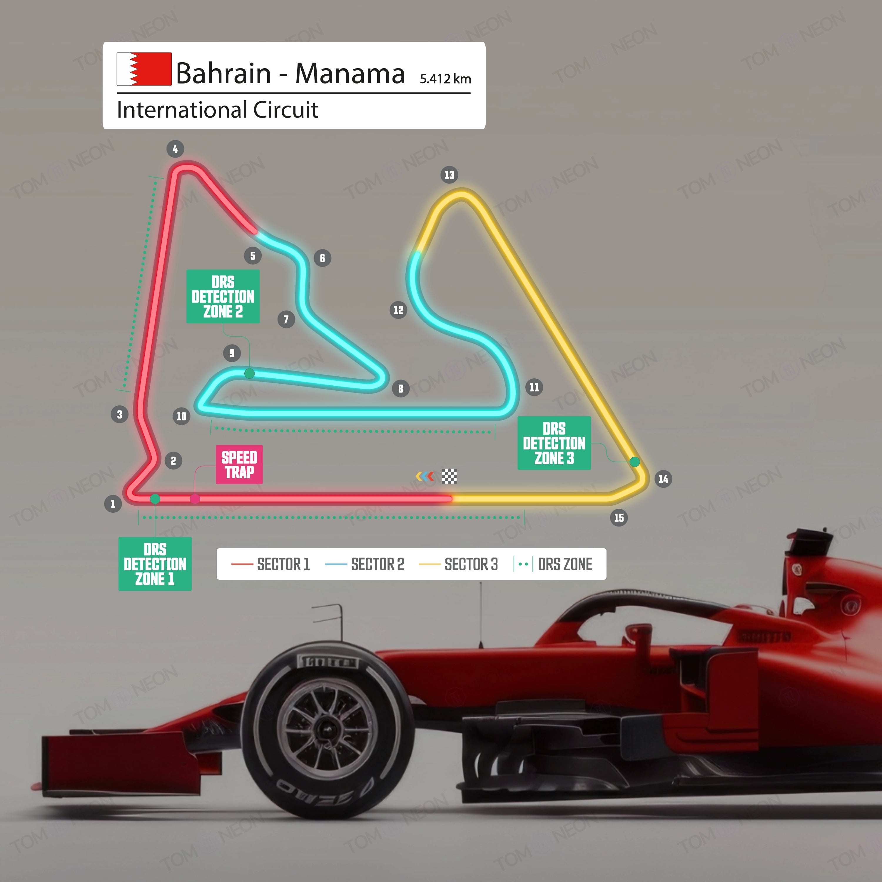 F1 Bahrain - Manama International Circuit Formula 1 Racetrack (Neon including UV printing)