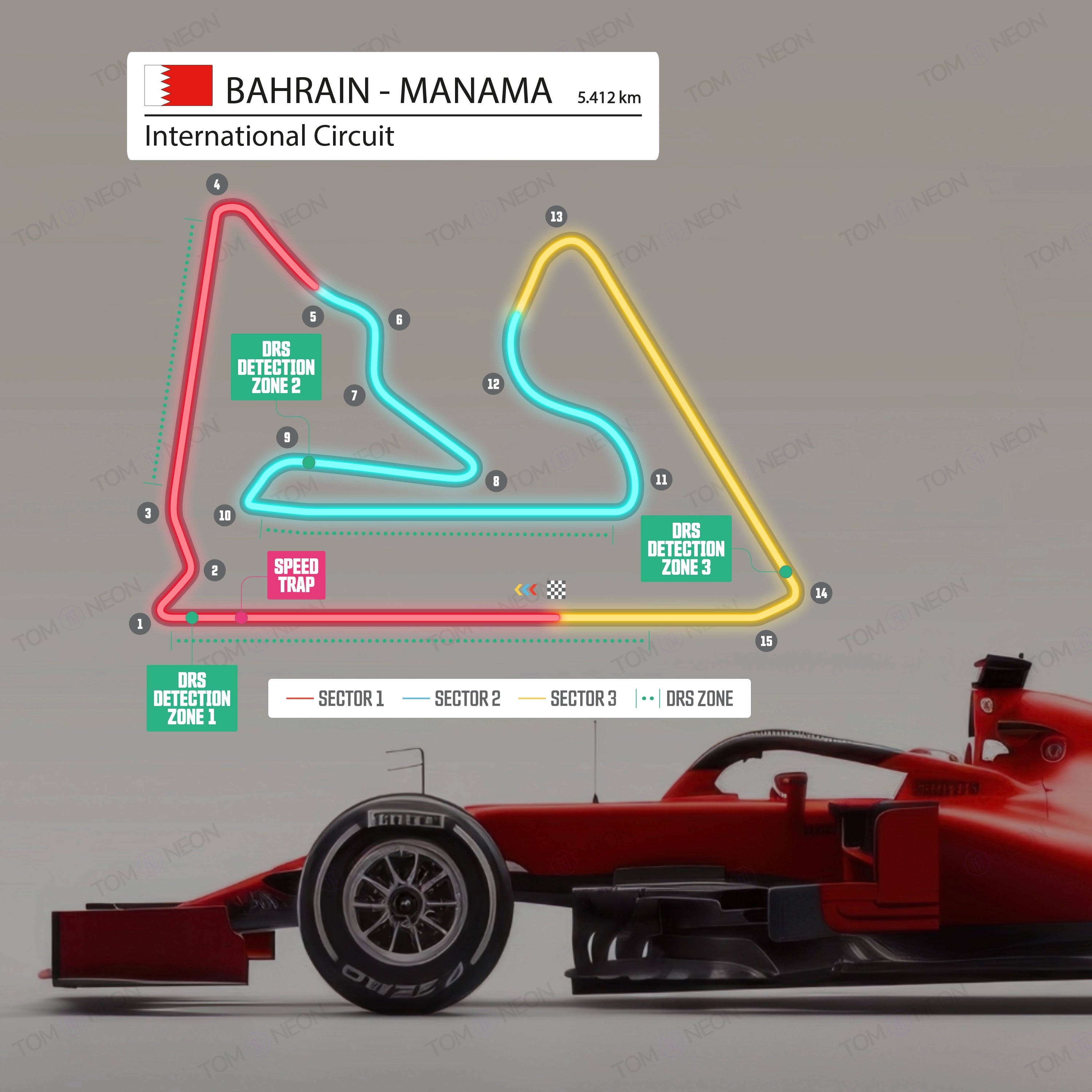 F1 Bahrain - Manama International Circuit Formel 1 Rennstrecke (Neon inkl. UV-Druck)