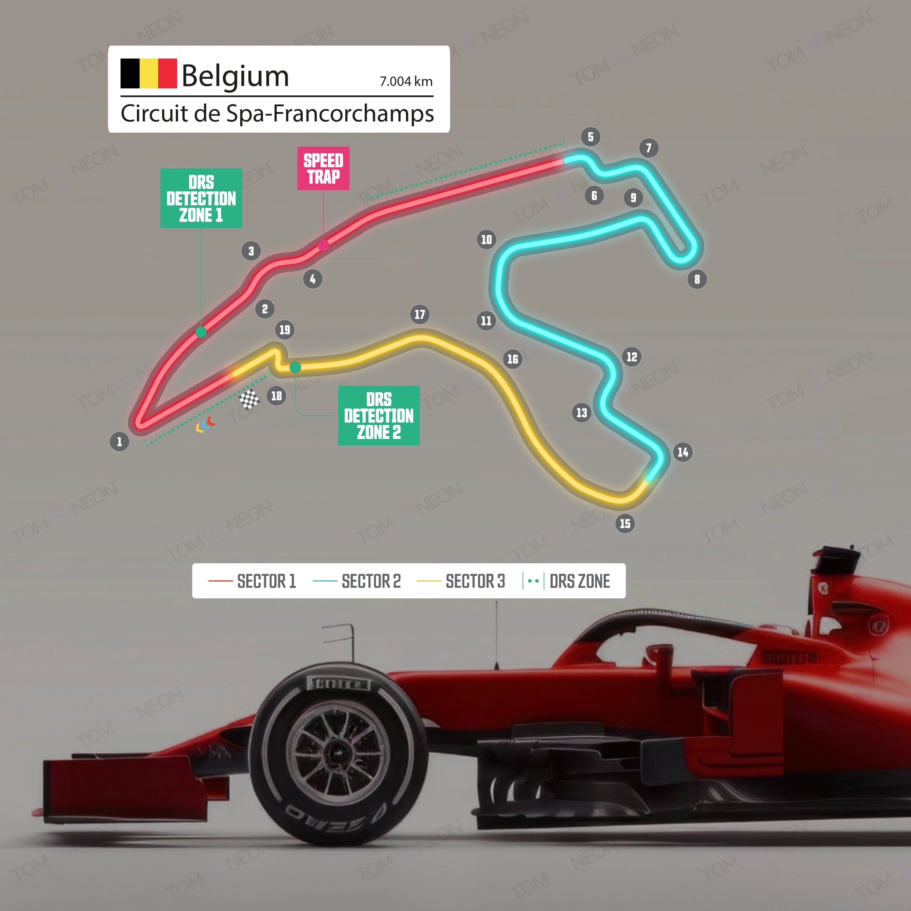 F1 Belgium-Circuit de Spa-Francorchamps Formula 1 racetrack (neon incl. UV print)