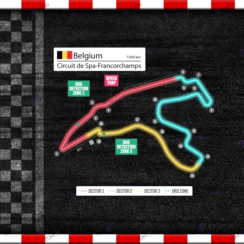 F1 Belgien - Circuit de Spa-Francorchamps Formel 1 Rennstrecke (Neon inkl. UV-Druck)