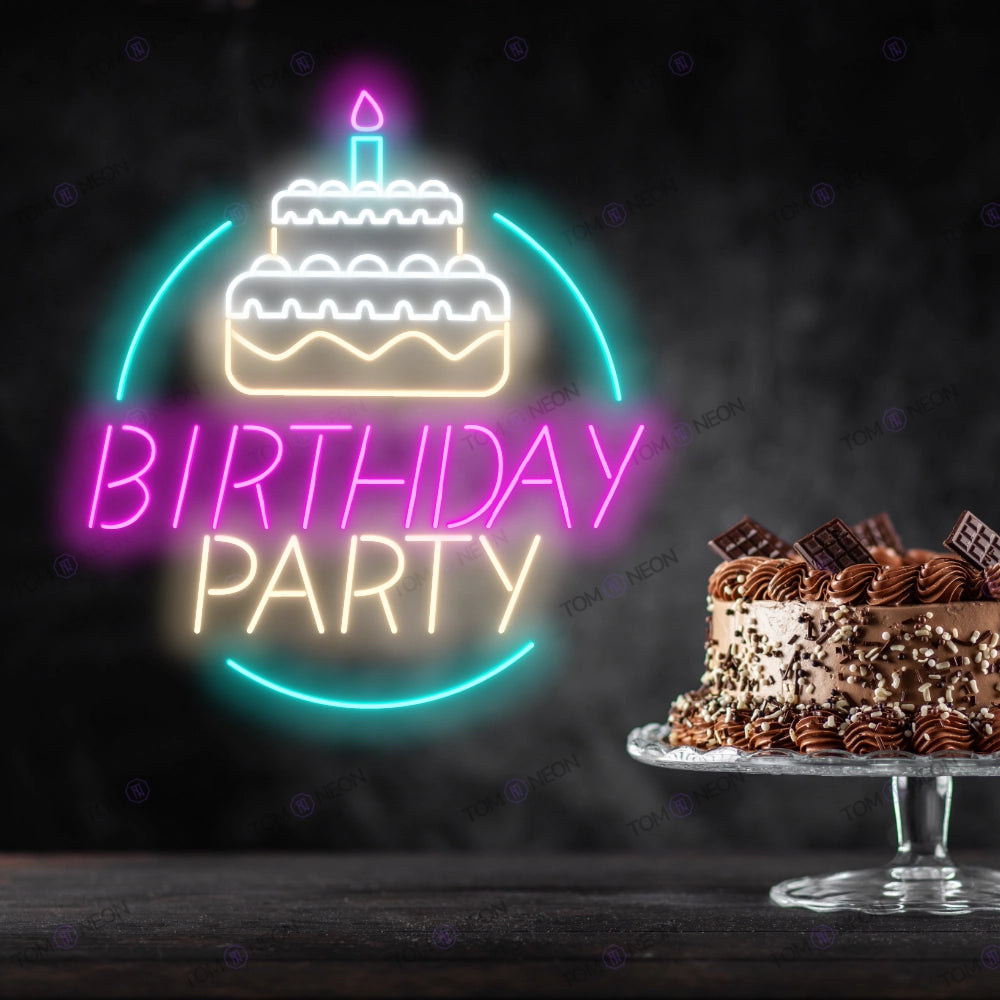 Birthday Party Neon Schild - Festliche Torte & Feierstimmung in Neon