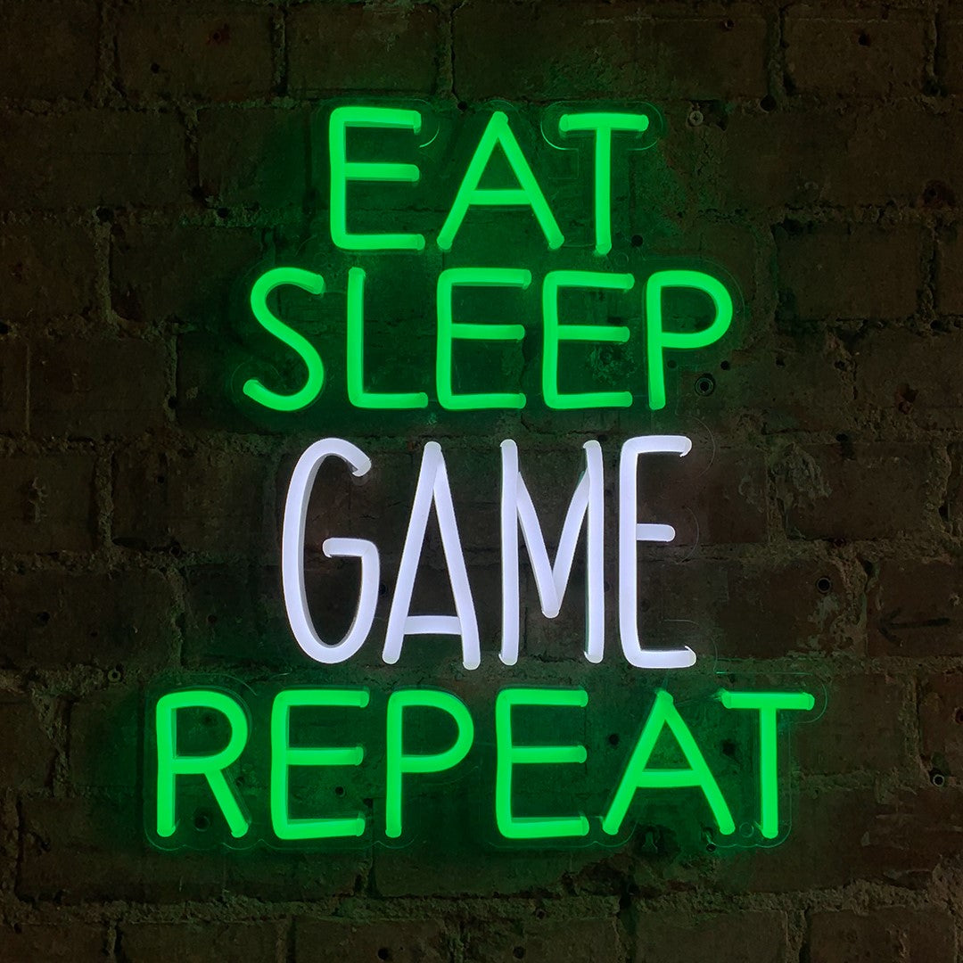 "Eat Sleep Game Repeat" LED Neon Schriftzug für Gamer