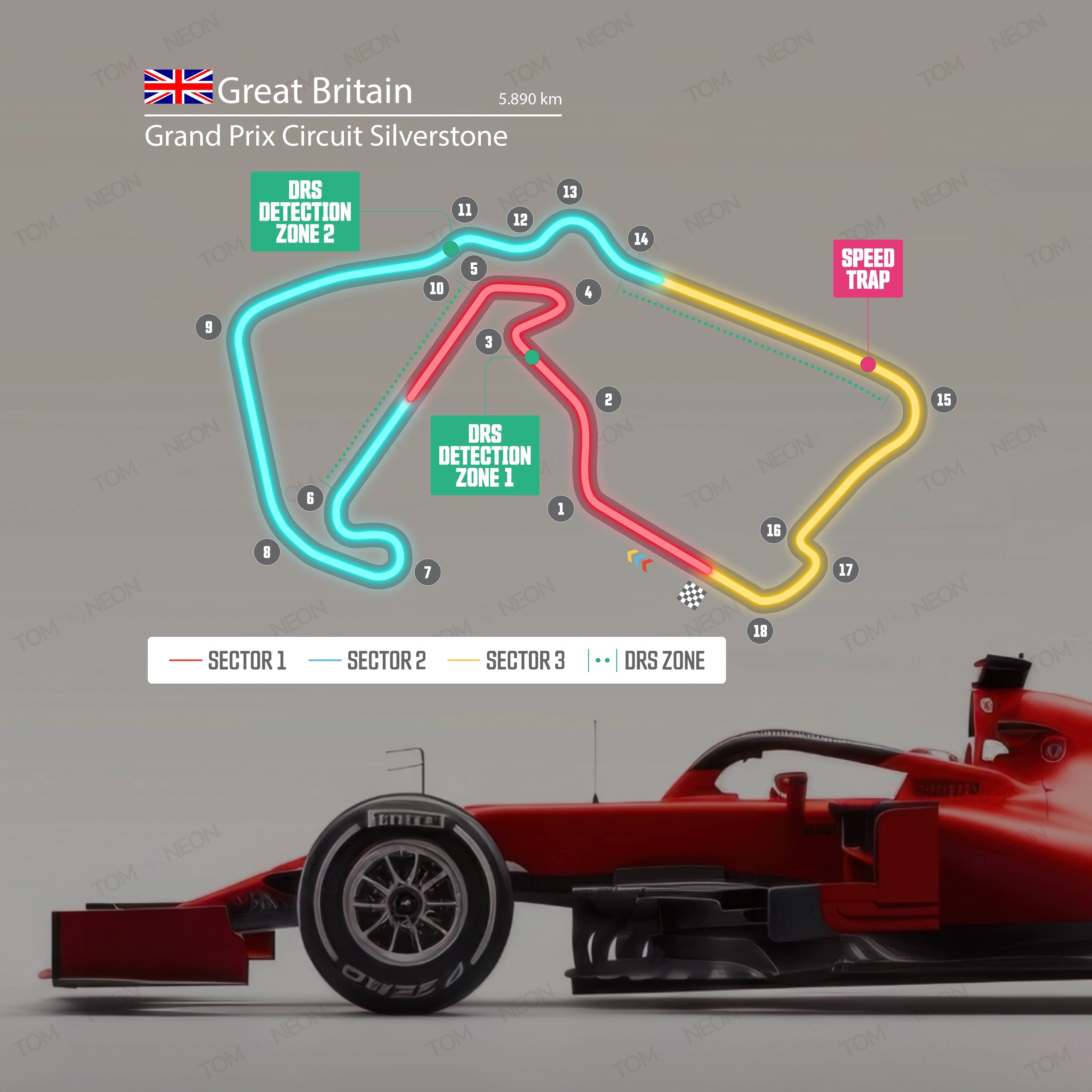 F1 England - Grand Prix Circuit Silverstone Formula 1 Racetrack (Neon incl. UV print)