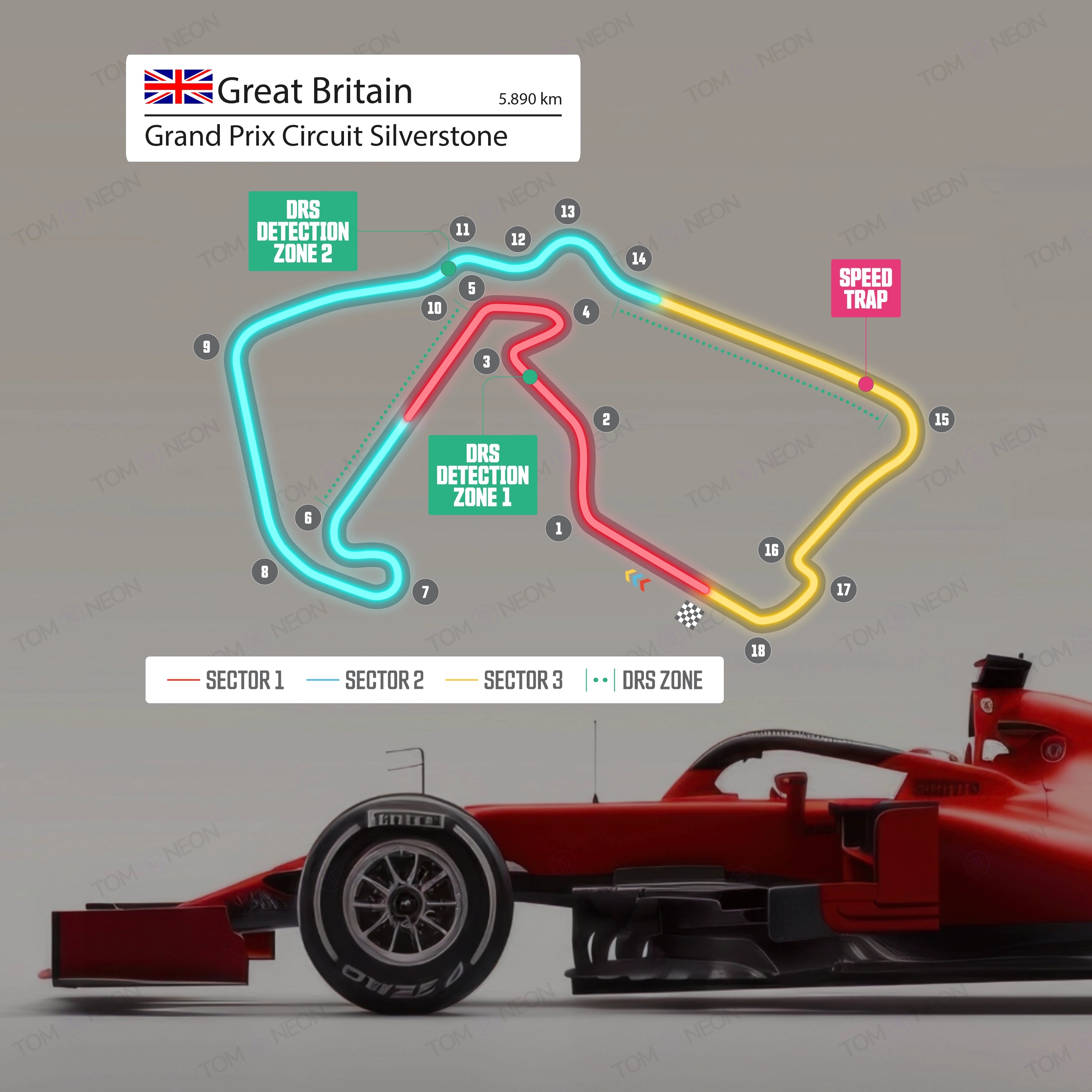 F1 England - Grand Prix Circuit Silverstone Formula 1 Racetrack (Neon incl. UV print)