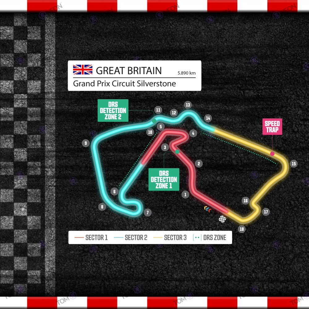 F1 England - Grand Prix Circuit Silverstone Formel 1 Rennstrecke (Neon inkl. UV-Druck)