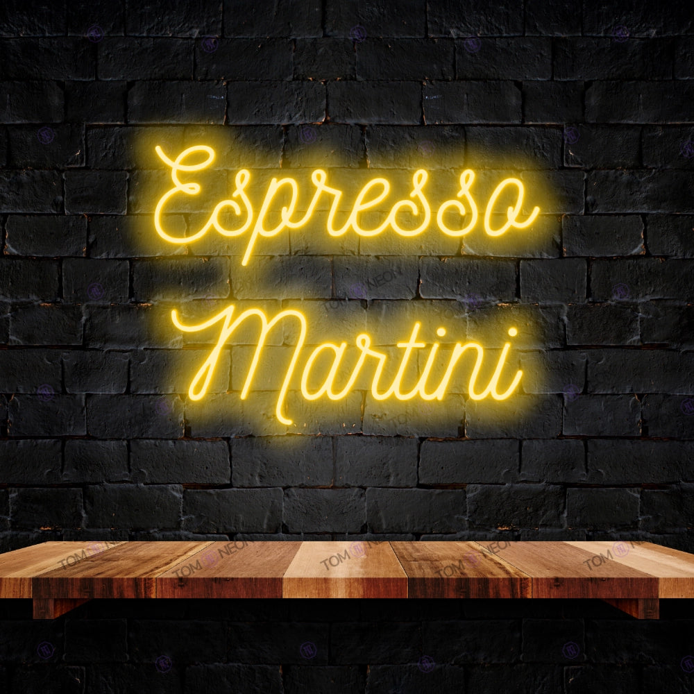 Espresso Martini LED Neon Schriftzug Sign, beleuchtetes Neonschild in gelb, ideal für Bars, Restaurants und Cafés, schafft eine elegante und einladende Atmosphäre.