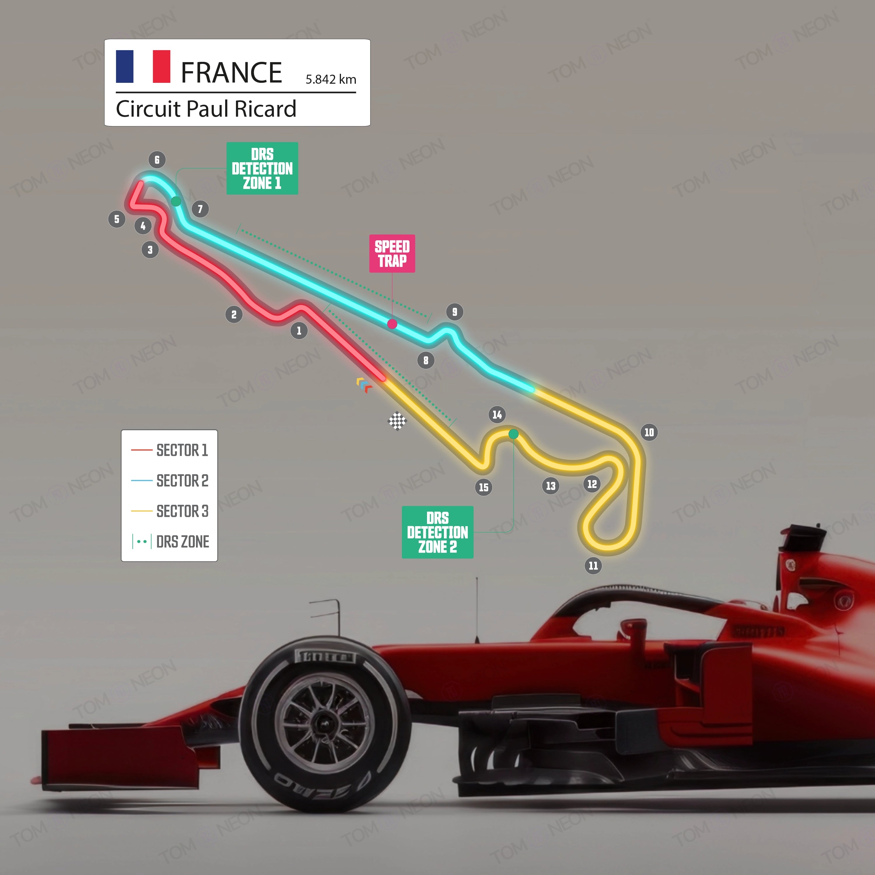 F1 Frankreich - Circuit Paul Ricard Formel 1 Rennstrecke (Neon inkl. UV-Druck)