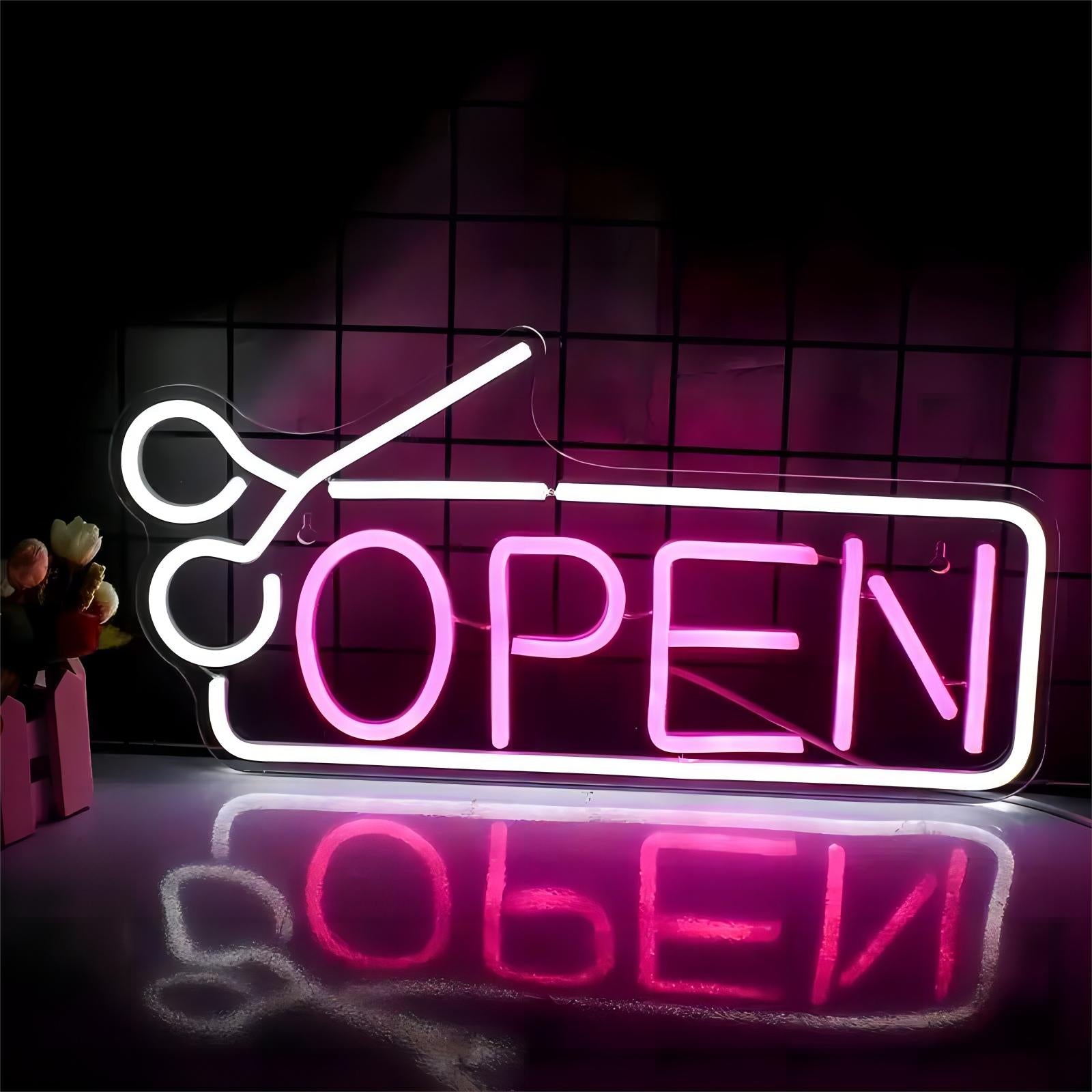 Open mit Schere LED Neon Schriftzug – USB Neon Sign – Perfekte Geschenkidee | TOM NEON