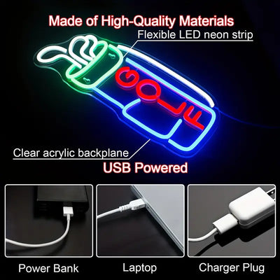 Golf mit Schlägern LED Neon Schild – USB Neonschild Sign – Perfekte Geschenkidee | TOM NEON
