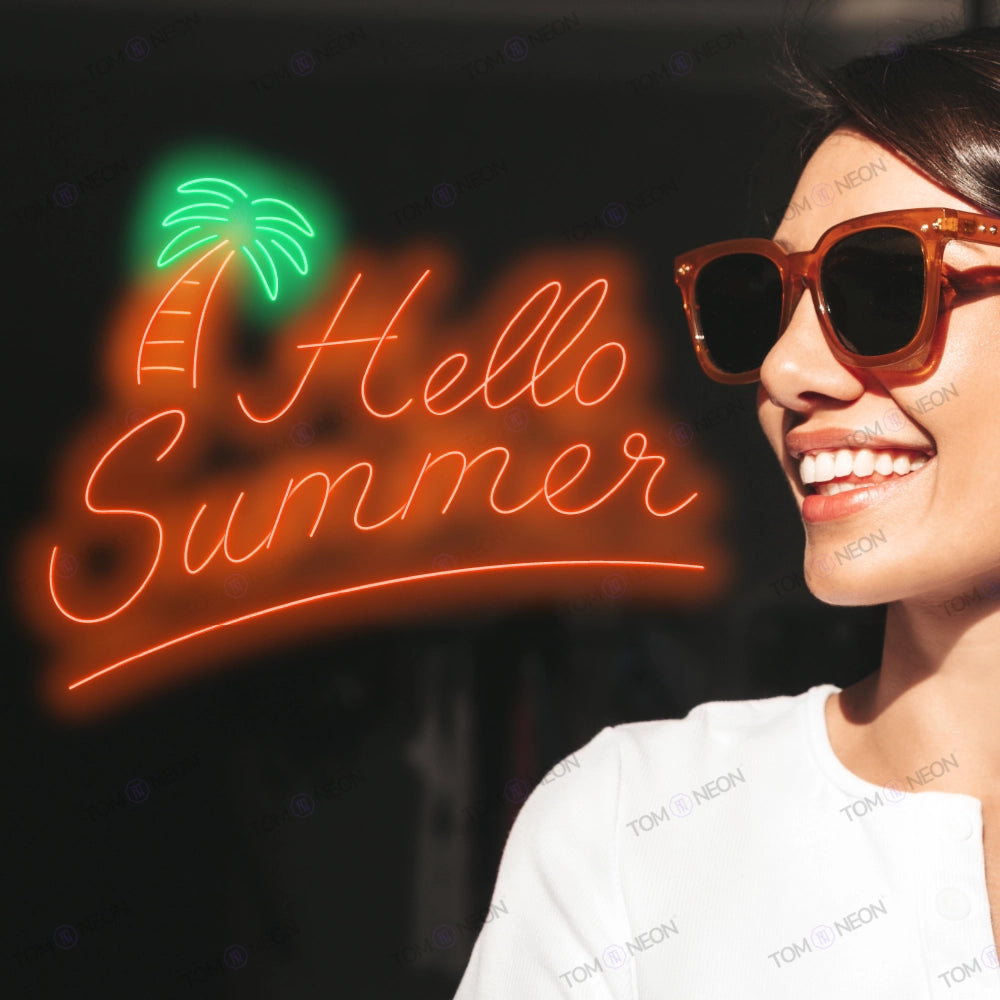 "Hello Summer" neon lettering with palm tree - summer vibes in orange &amp; green