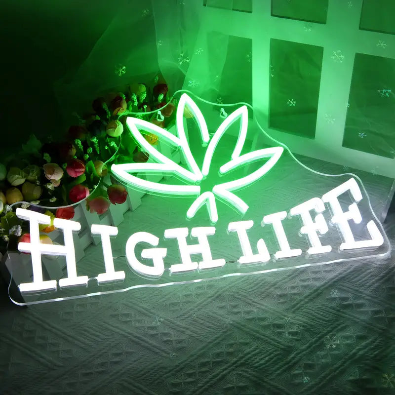 High Life mit Hanfblatt LED Neon Schriftzug – USB Neon Sign – Perfekte Geschenkidee | TOM NEON