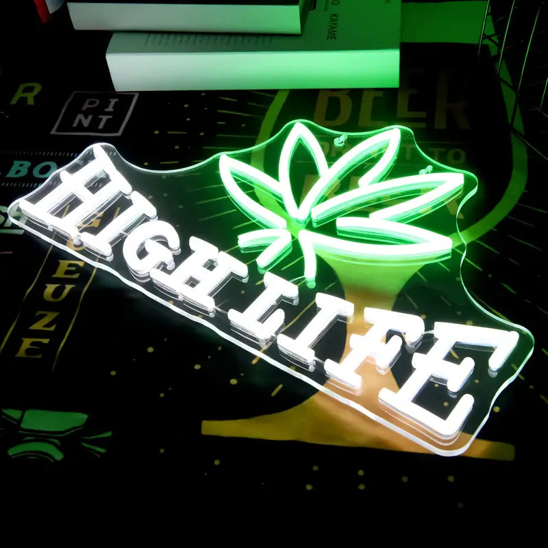 High Life mit Hanfblatt LED Neon Schriftzug – USB Neon Sign – Perfekte Geschenkidee | TOM NEON