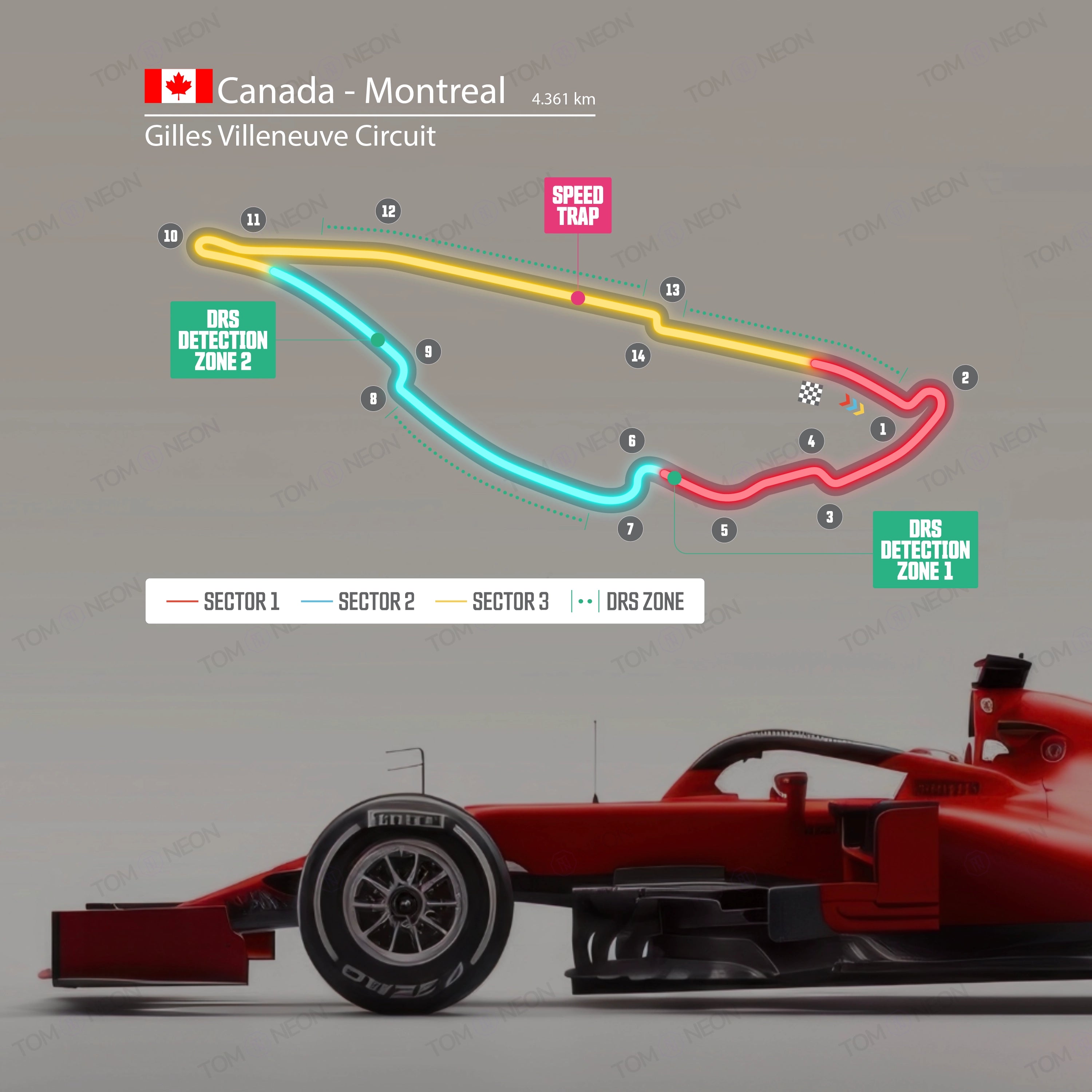 F1 Kanada - Montreal - Gilles Villeneuve Circuit Formel 1 Rennstrecke (Neon inkl. UV-Druck)