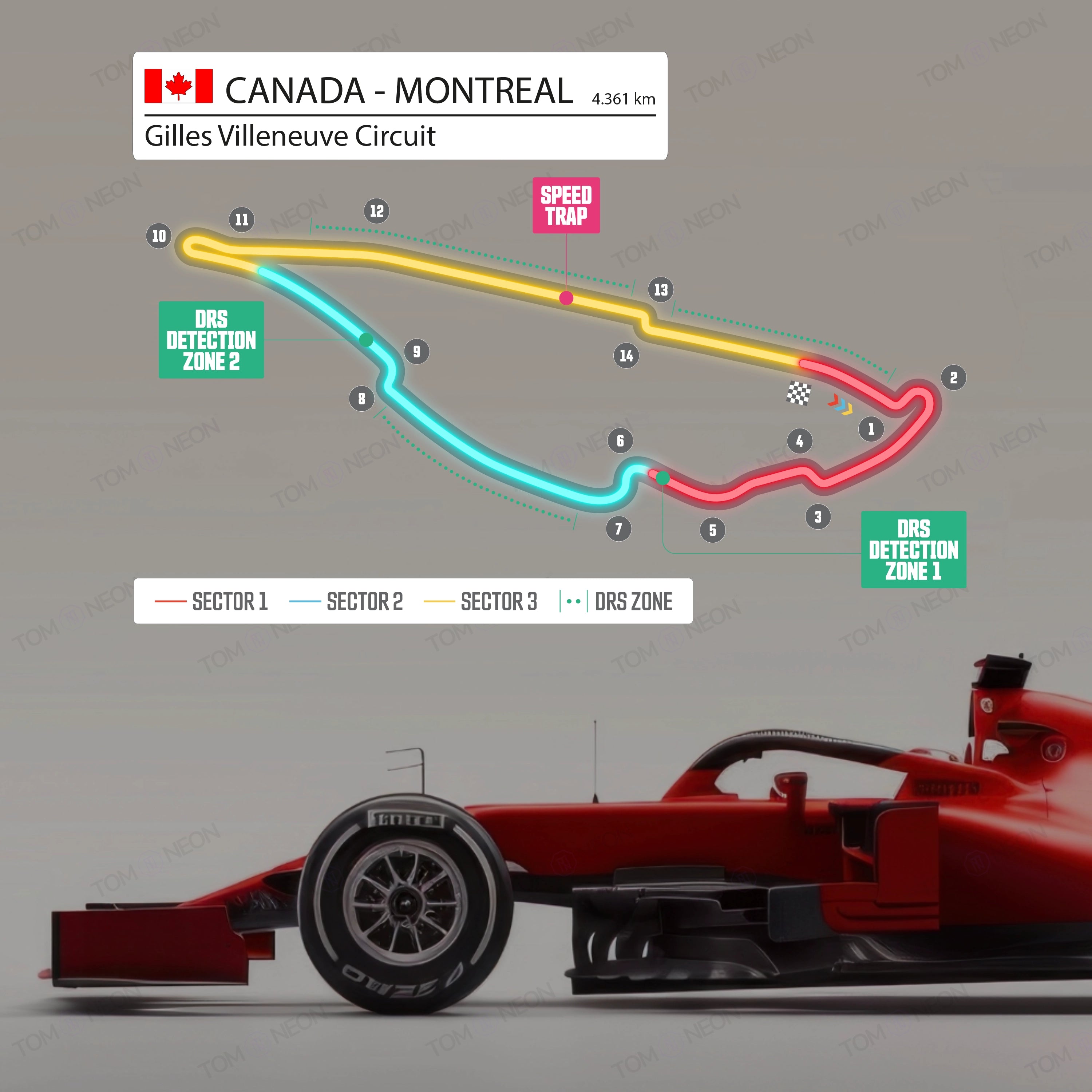 F1 Kanada - Montreal - Gilles Villeneuve Circuit Formel 1 Rennstrecke (Neon inkl. UV-Druck)