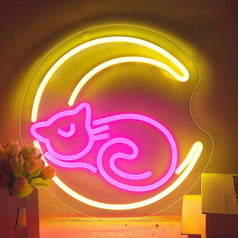 Katze auf dem Mond LED Neon Sign – USB Neonschild Sign – Perfekte Geschenkidee