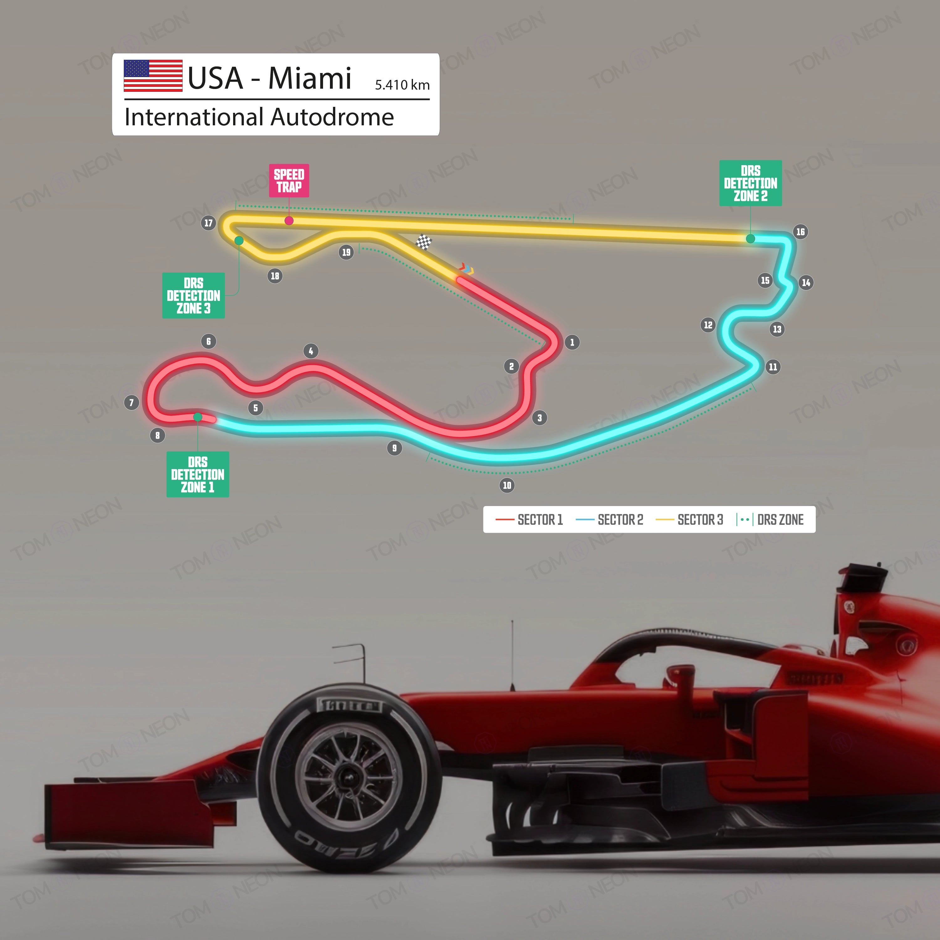 F1 USA - Miami International Autodrome Formula 1 Racetrack (Neon including UV printing)