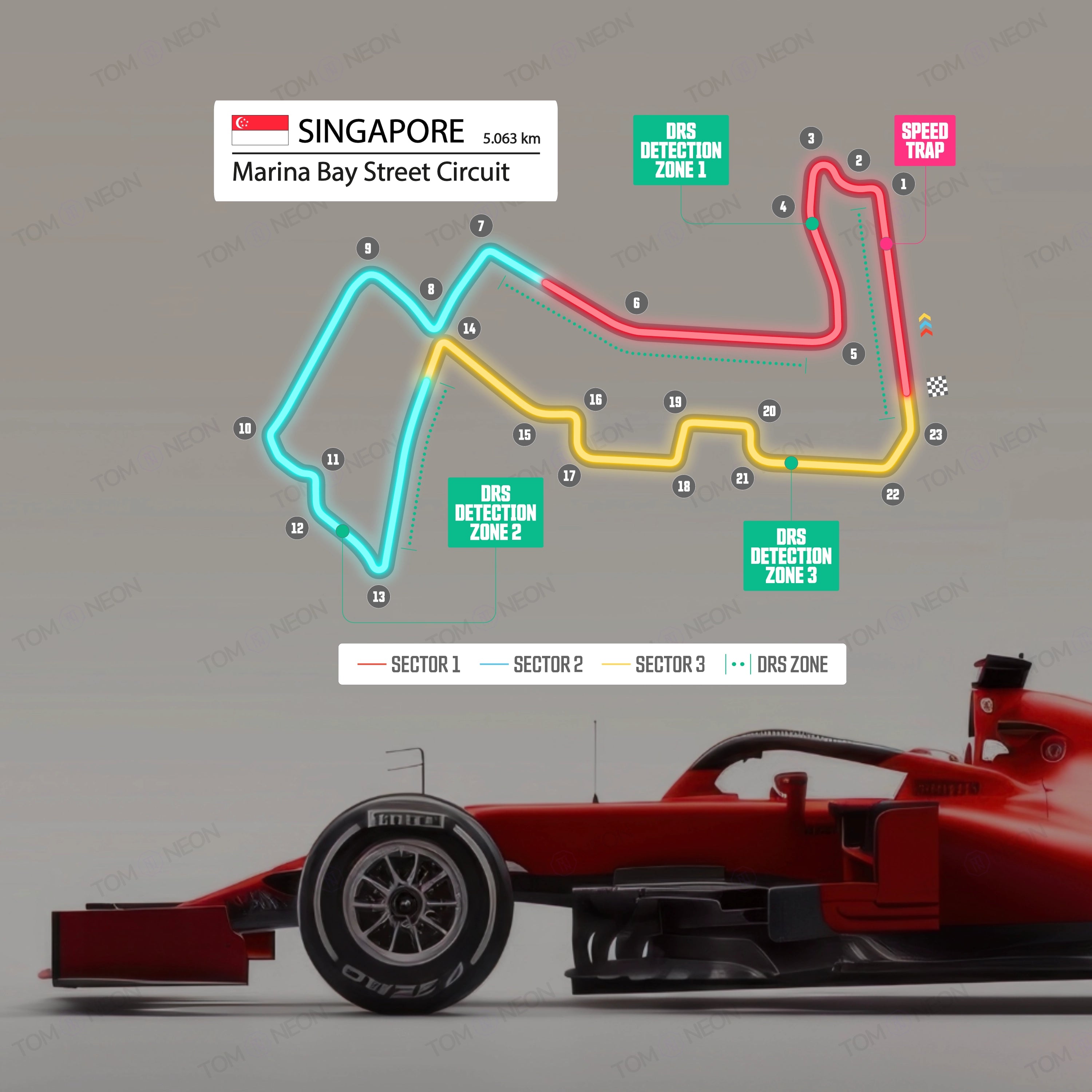 F1 Singapur - Marina Bay Street Circuit Formel 1 Rennstrecke (Neon inkl. UV-Druck)