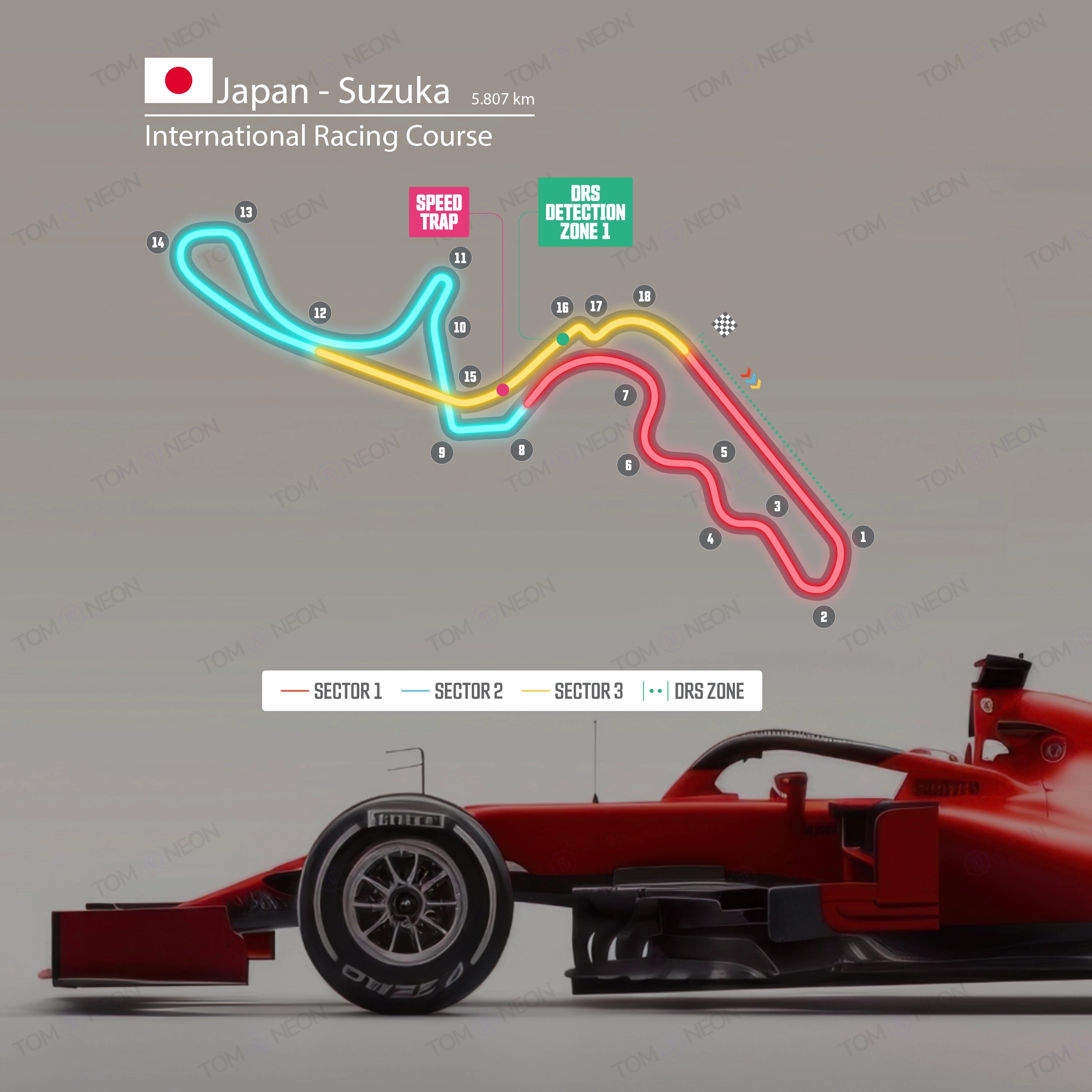 F1 Japan - Suzuka International Racing Course Formel 1 Rennstrecke (Neon inkl. UV-Druck)