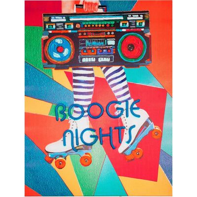 TOM NEON LED Wandkunst 'Boogie Nights'. Leuchtender Neonschriftzug mit dem Text 'Boogie Nights' in lebendigen Farben. Ideal für eine stilvolle und energiegeladene Raumdekoration.
