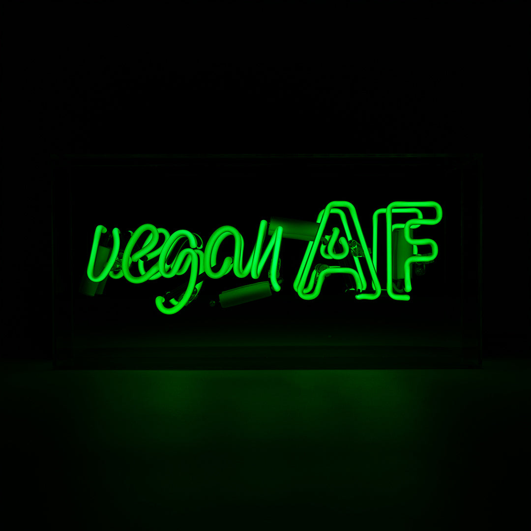 “vegan AF” glass neon box
