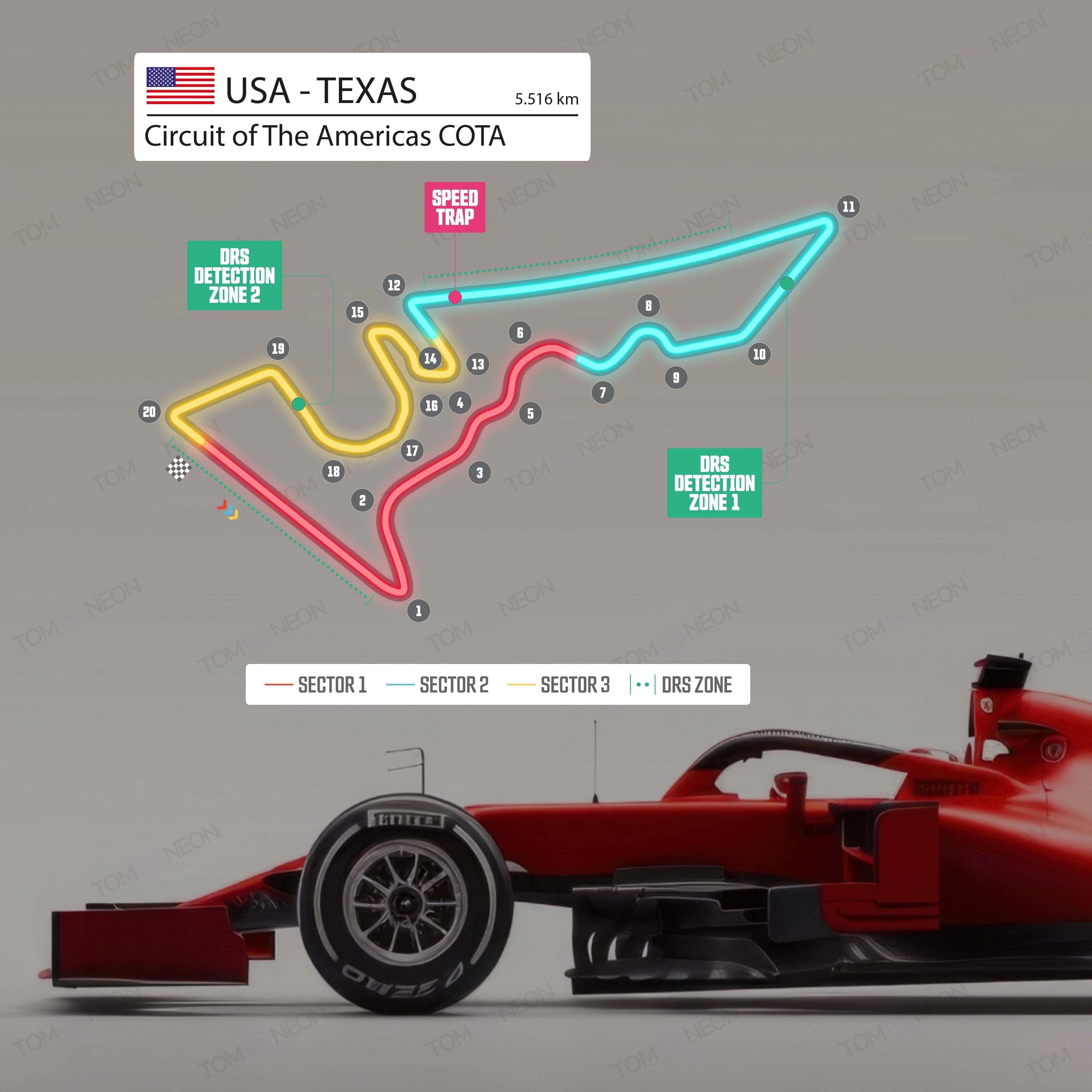 F1 USA - Texas - Circuit of The Americas COTA Formel 1 Rennstrecke (Neon inkl. UV-Druck)