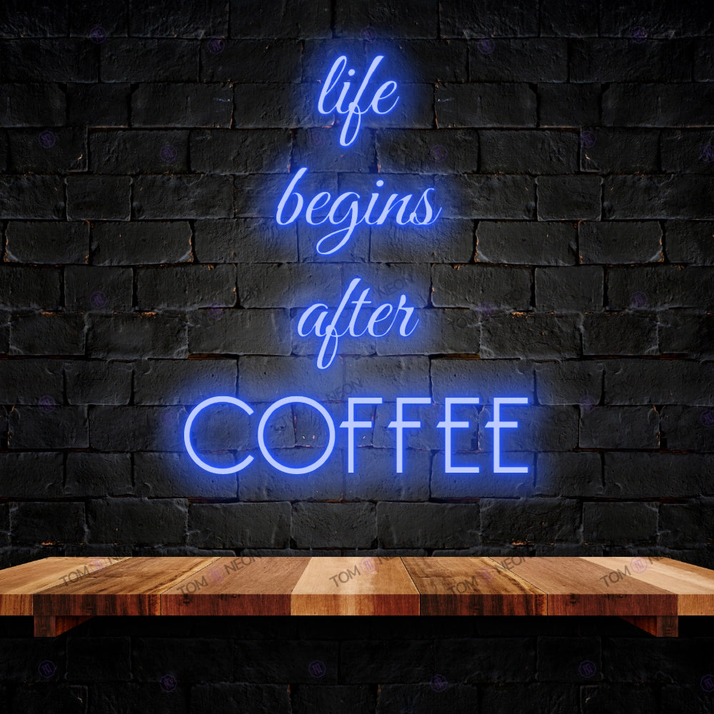 Life Begins after coffee led neon lettering sign - stylish LED neon shield for gastronomy & bars | Tom Neon