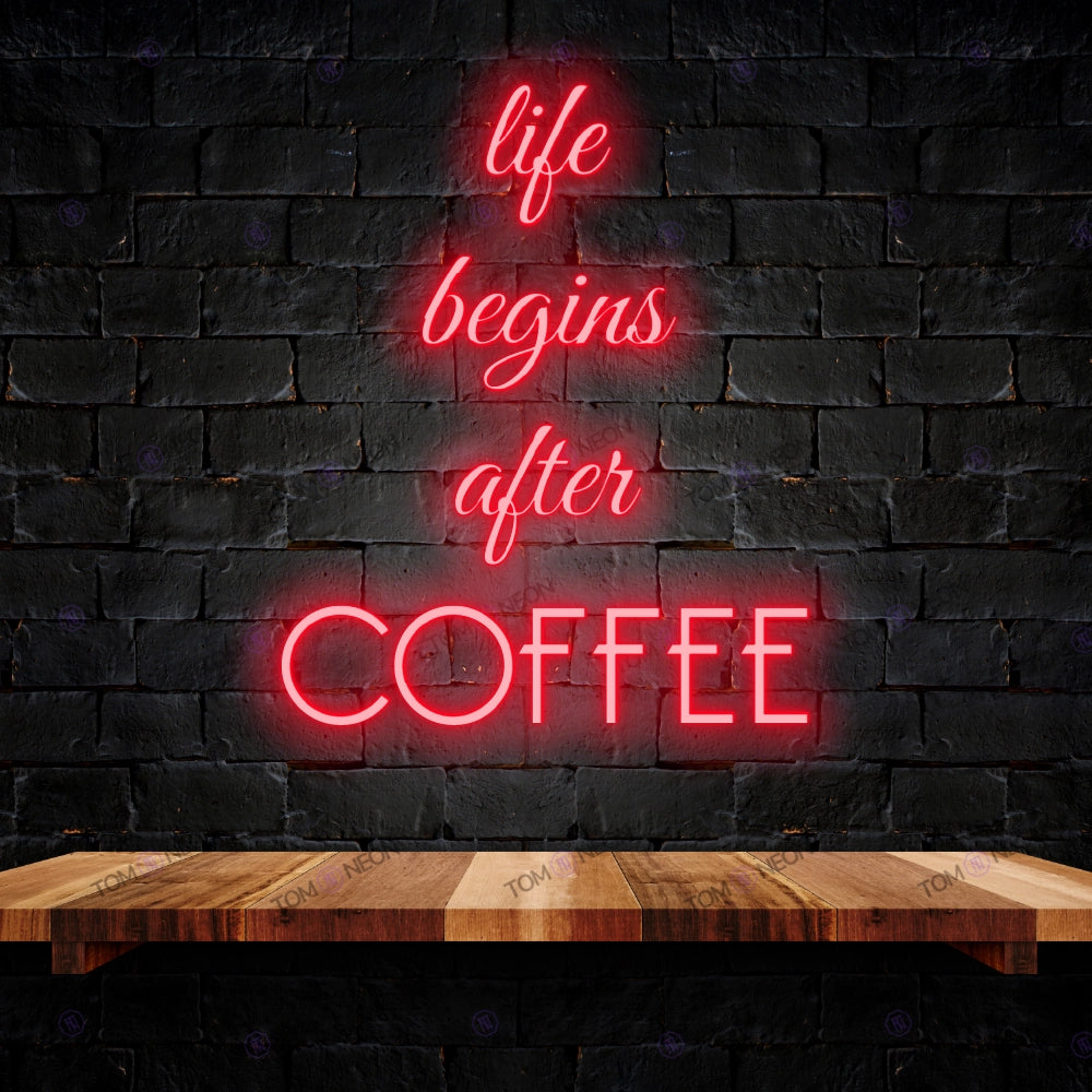 Life Begins after coffee led neon lettering sign - stylish LED neon shield for gastronomy & bars | Tom Neon